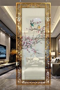 新中式私人会所别墅不锈钢玻璃屏风 装饰艺术玻璃金属隔断定制