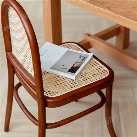 日式实木藤编餐椅子家用酒店皮垫复中古椅侘寂风设计师书桌办公椅