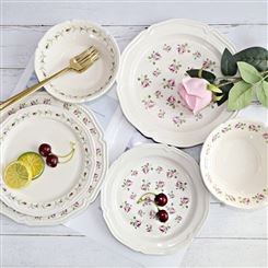 法式复古餐具贴花浮雕家用餐盘陶瓷盘碗西餐水果沙拉盘