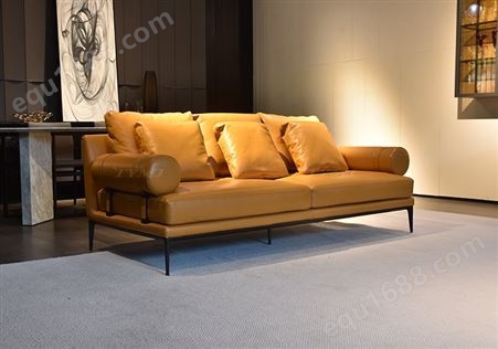 天一美家意式极简头层牛皮沙发小户型客厅三人位真皮橙色整装家具