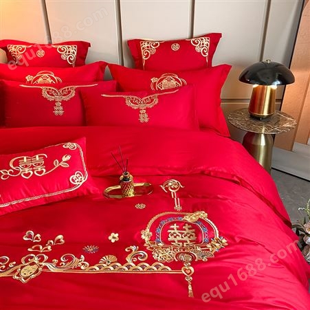 福禧同乐款婚庆四件套套 新款大红色全棉被套床单